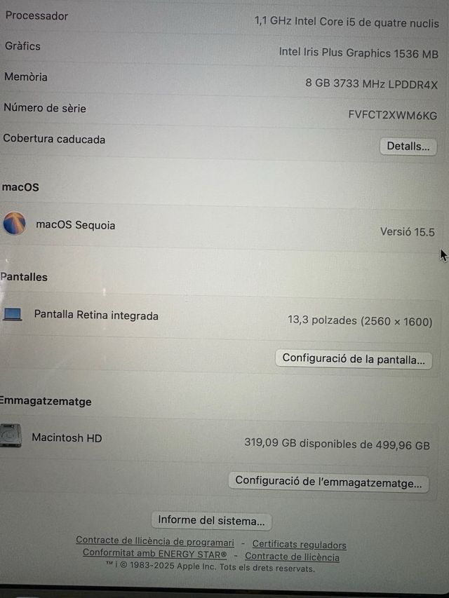 MacBook Air 2020 Gris Plata 1,1 GHz intel core i5