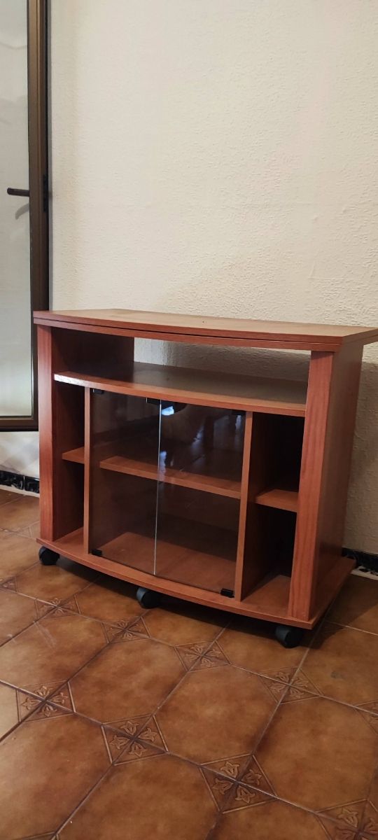 Mueble TV marrón madera-cristal