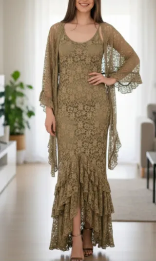 Vestido fiesta boho verde caqui: encaje, volantes,