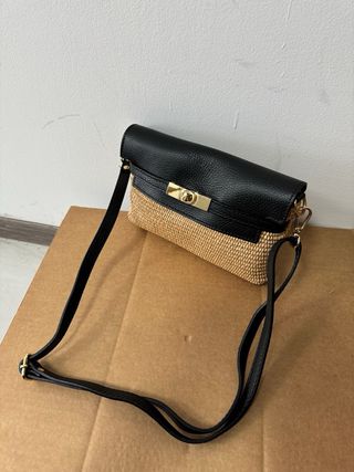 Borsa rafia e vera pelle con tracolla 