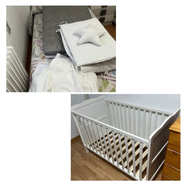 Cuna bebé blanca 120x60 + colchón+ ropa de cama