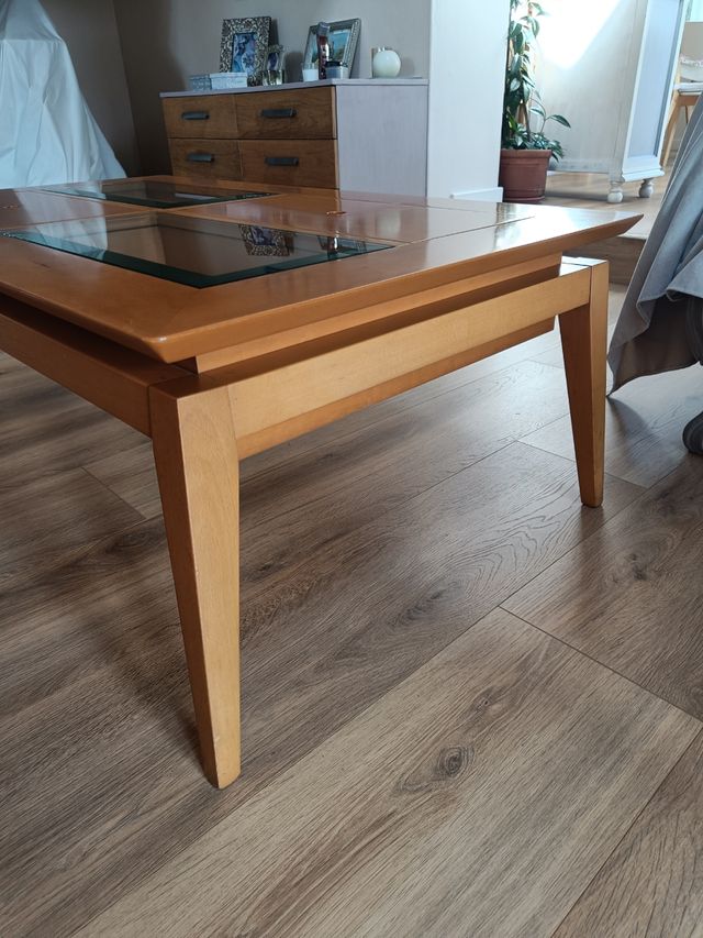 Mesa centro madera con cristal y cajones