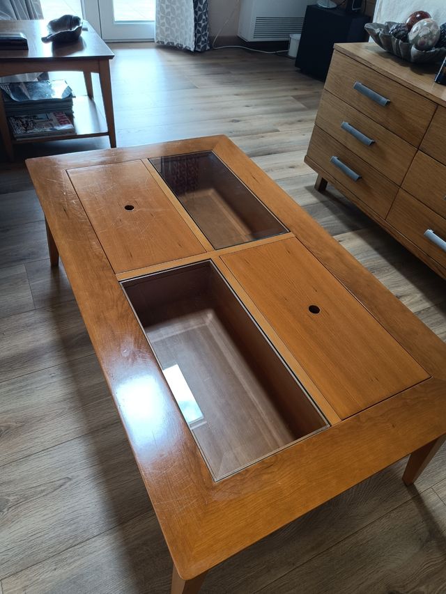 Mesa centro madera con cristal y cajones