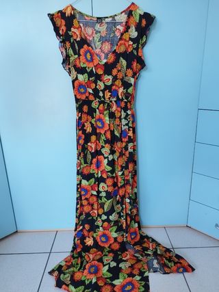 Vestito lungo fiori - nero arancio