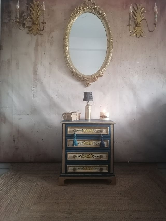 Comodino vintage blu e oro