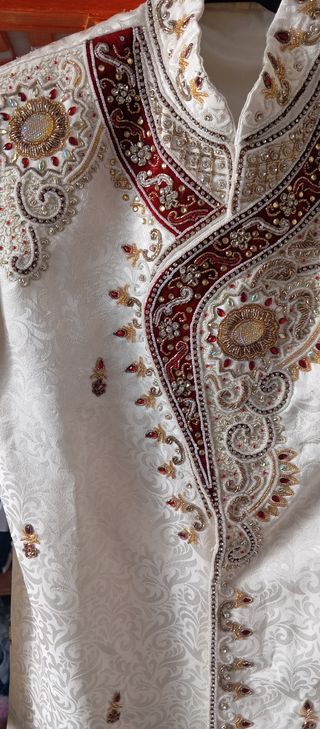 Sherwani Boda India Hombre Blanco Rojo