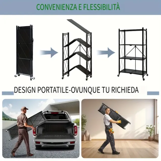 Scaffale a 4 Ripiani Regolabili, Carrello Mobile