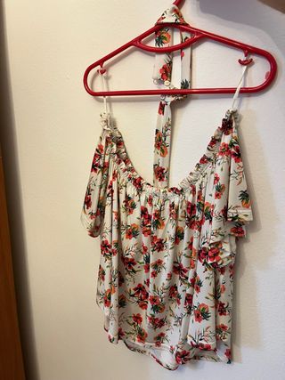 Top floral+collar blanco-rojo