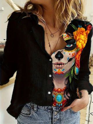 Camisa negra estampada mujer