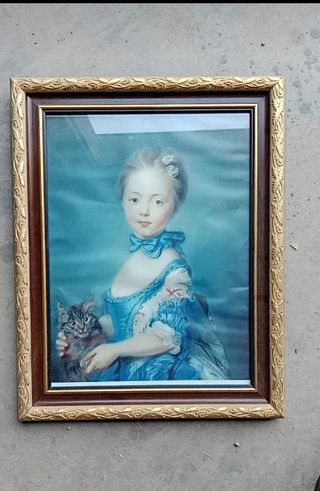 Cuadro niña con gato - Marco dorado