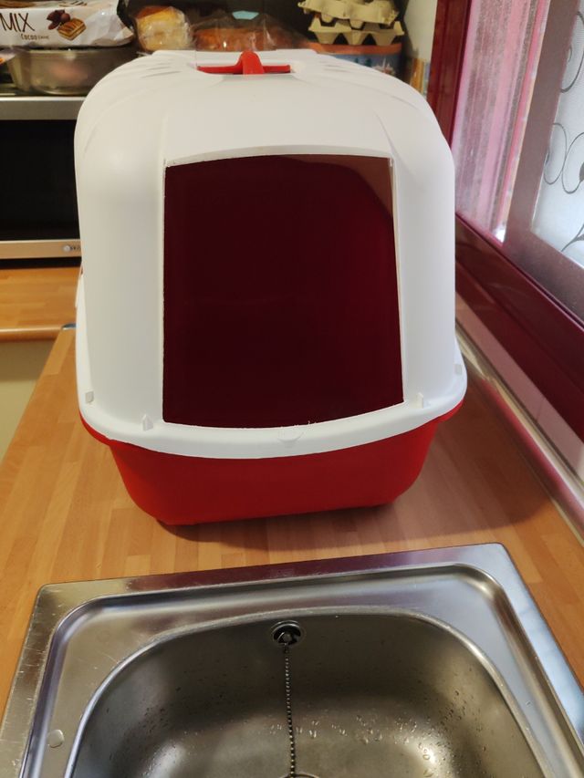 Arenero Gato Rojo y Blanco