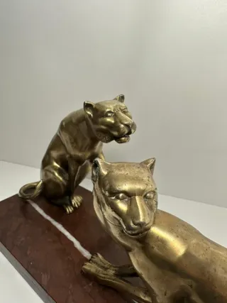 Scultura vintage bronzo: due pantere su marmo