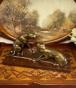 Scultura vintage bronzo: due pantere su marmo