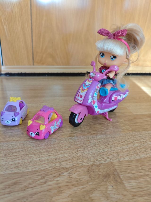 Muñeca Barriguitas y moto rosa +2 cochecitos extra