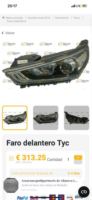 Faro derecho Hyundai Ioniq 2016