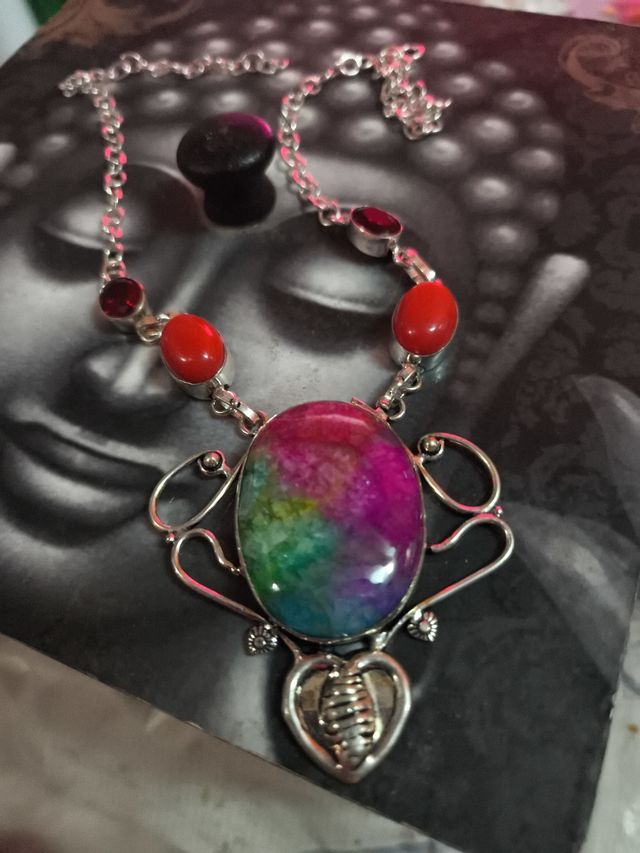 Collar piedras naturales arcoiris solar, plata 