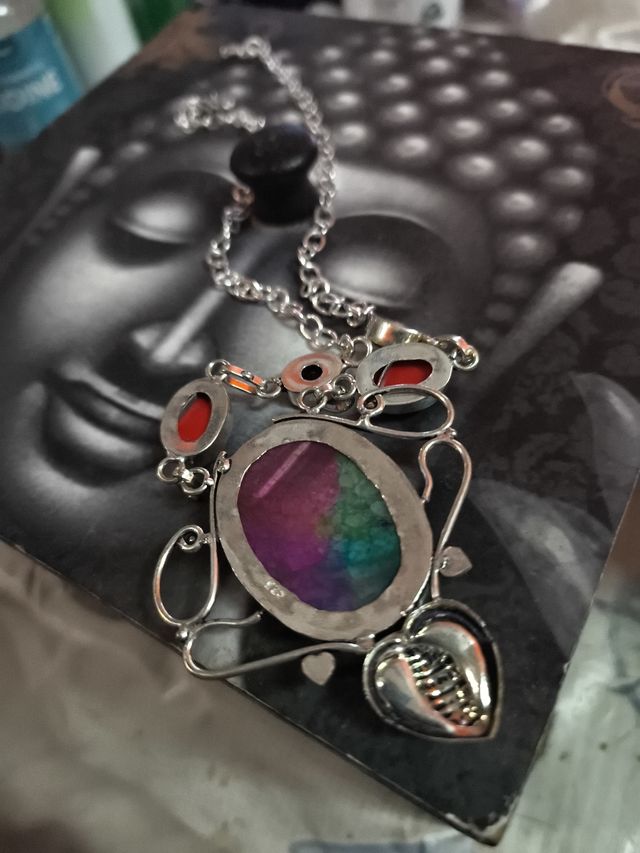 Collar piedras naturales arcoiris solar, plata 