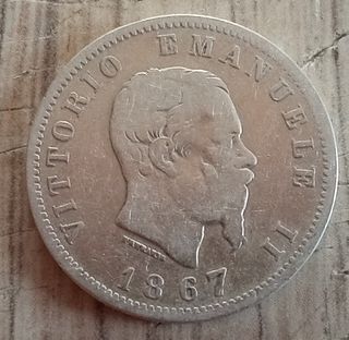 #1605 –Una Moneta 1 LIRA 1867 Argento Regno Italia