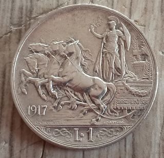 #1606 -Una Moneta 1 LIRA 1917 Argento Regno Italia