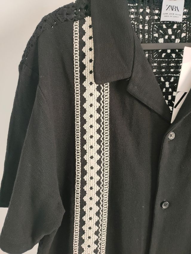 Camisa Zara negra crochet algodón