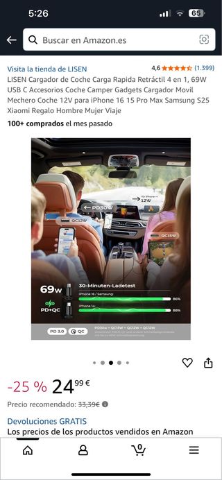 LISEN Cargador de Coche Carga Rapida Retráctil 4-1