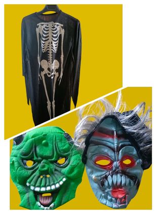 Disfraz esqueleto + 2 máscaras monstruo