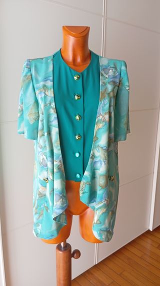 Blusa turquesa estampada vintage años 80.