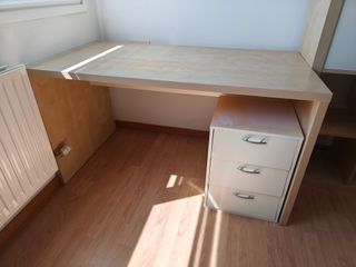 Conjunto de escritorio y estantería de madera.