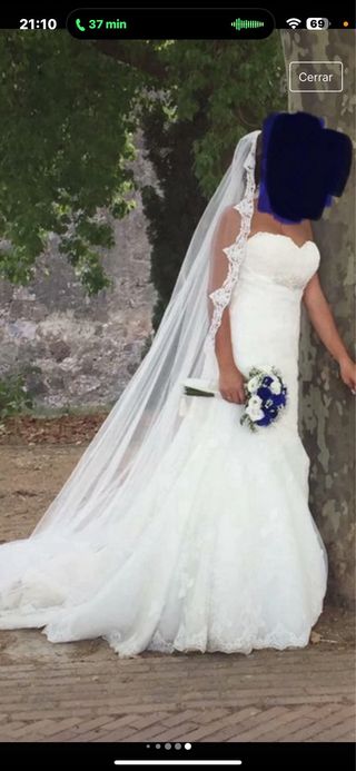 Vestido novia encaje blanco con velo 