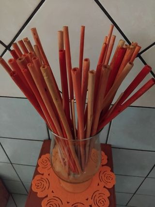Vaso vetro  e bacchette legno e arancione 