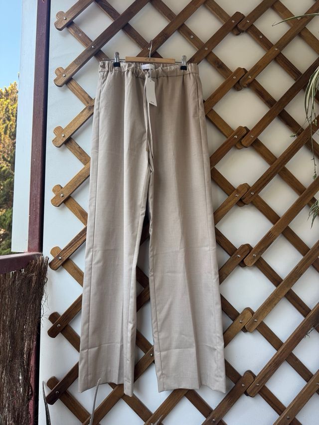 Pantalones Mango Wideleg Beige M