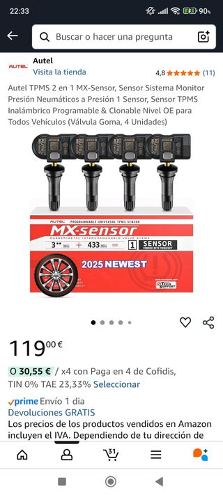 Autel TPMS MX-Sensor: 4sensores presión neumáticos