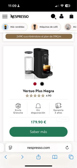 Cafetera Nespresso DeLonghi Vertuo Plus Negra