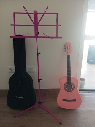 Guitarra rosa infantil + soporte + funda