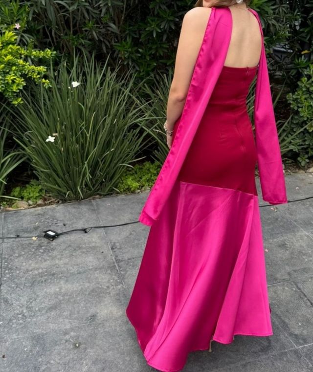 Vestido fiesta largo rojo-rosa talla S.