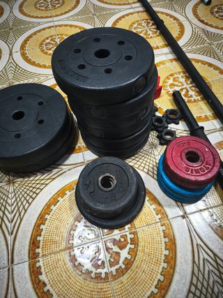 Discos y barra gimnasio
