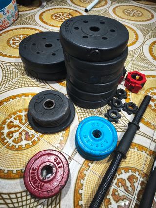 Discos y barra gimnasio