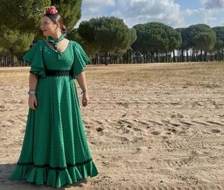 Traje Flamenca verde, lunares negro