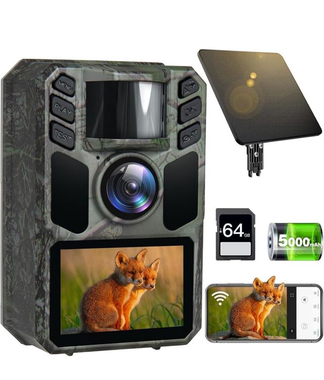 Telecamera da caccia per visione notturna WiFi solare 4K da 64 GB