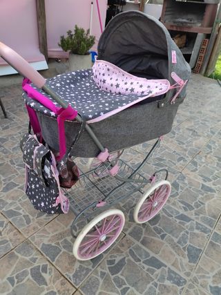Carrito bebé juguete rosa-gris