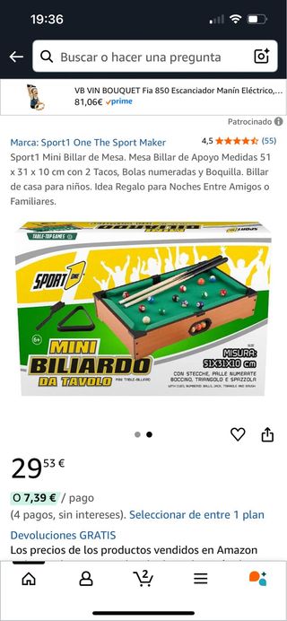 Mini Billar Sport1 Mesa 51x31x10cm
