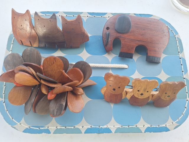 Broches madera animales - 3 gatos, 1 elefante, 2 o