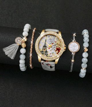 Reloj mujer dorado gris - 4 piezas