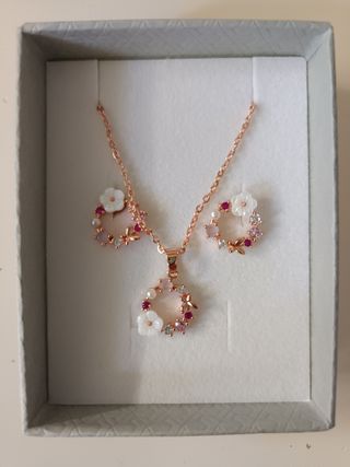Conjunto Joyas Flores Rosa Dorado