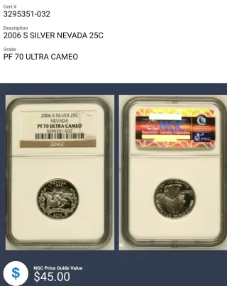 Cuarto de plata Nevada 2006 NGC PF70