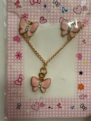 Set collar + pendientes mariposa niña rosa NUEVO