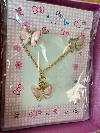 Set collar + pendientes mariposa niña rosa NUEVO
