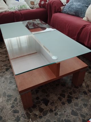 Mesa centro cristal madera
