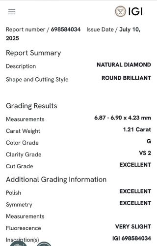 Brillante natural IGI 1,21 ct G VS2 