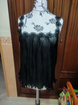 Camison blusa pijama negra lencera flores